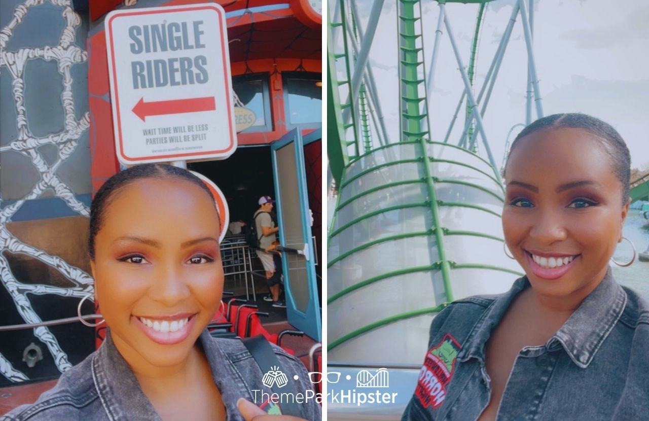Universal Orlando Resort NikkyJ in front of Spider Man Single Rider line and the Hulk Roller Coaster