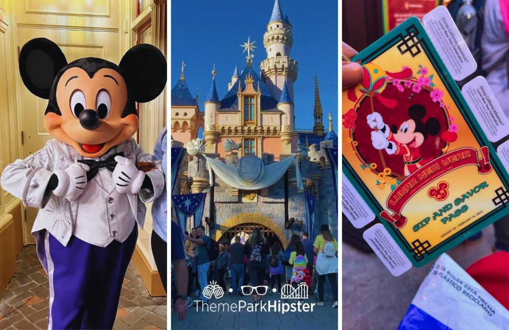 Disneyland Resort Mickey Mouse in his 100 year outfit next to Sleeping Beauty Castle and Lunar New Year Sip and Savor Pass. Keep reading to get the best Disneyland tips for your first trip.