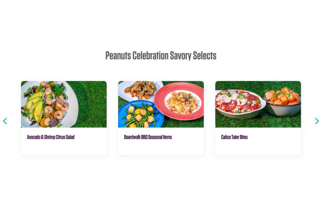 Knott's Berry Farm Peanuts Celebration Food 2023 Avocado with Shrimp Salad, Boardwalk Casserole and Tofu with Calico Tater Bites