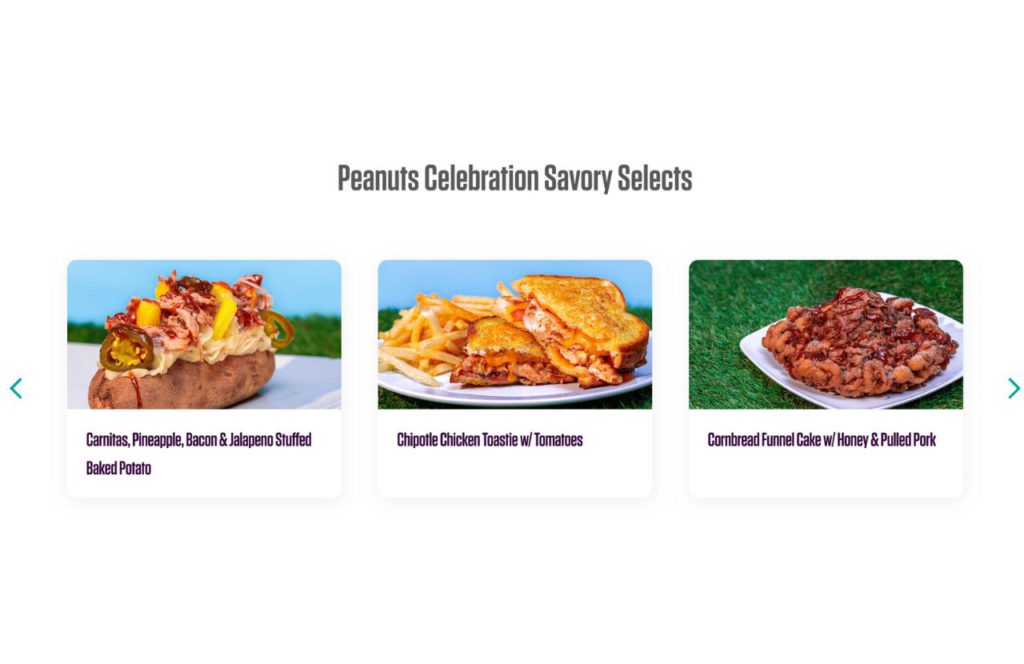 Knott's Berry Farm Peanuts Celebration Food 2023 Carnitas with Jalapeno Stuffed Baked Potato with Chipotle Chicken Toastie and Cornbread Funnel Cake with Pulled Pork