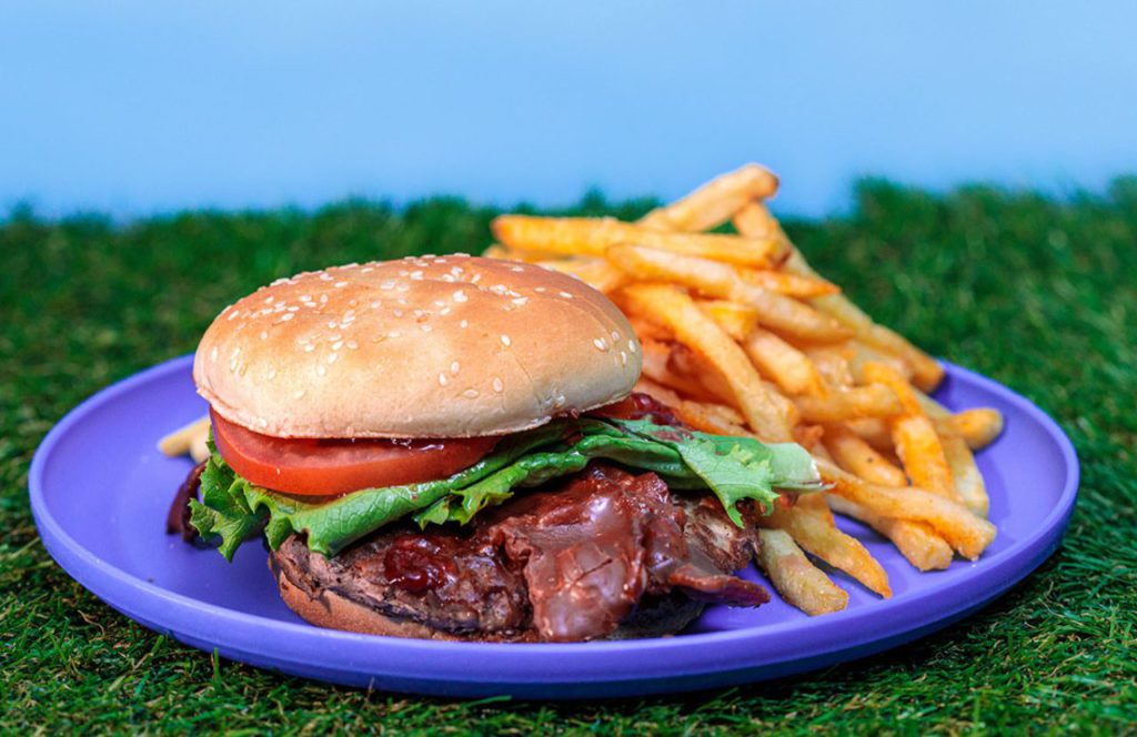 Knott's Berry Farm Peanuts Celebration Food 2023 Chocolate, Jam and Bacon Burger with Fries