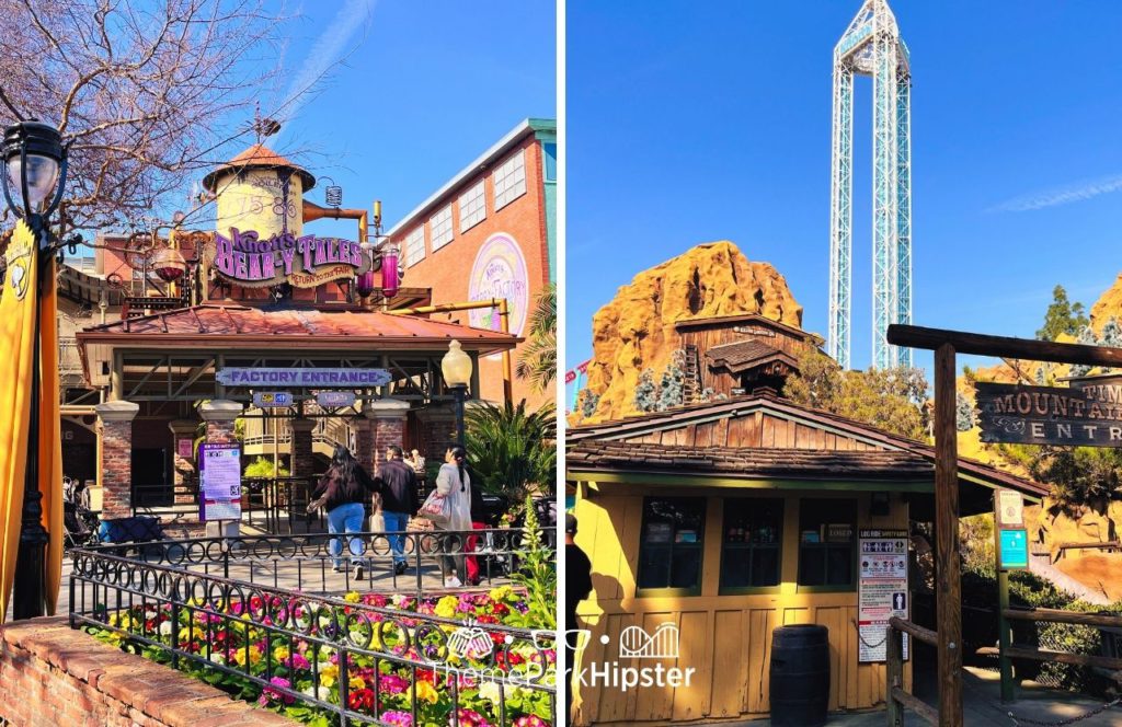 Knott's Berry Farm in California Berry Tales Attraction Entrance and Timber Mountain Log Ride. Keep reading to get Knott’s PEANUTS Celebration Guide: Food, Characters, Shows and more!