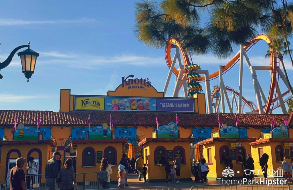 2024 Knott's Berry Farm in California Entrance with Silver Bullet in the Background. Keep reading to get the best food at Knott's Berry Farm and the best things to eat.