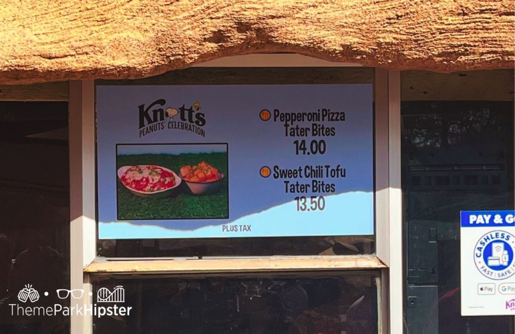 2024 Wagon Wheel Knott's Berry Farm in California Peanuts Celebration Pepperoni Pizza Tater Bites and Sweet chili tofu tater bites. Keep reading to get the best food at Knott's Berry Farm and the best things to eat.