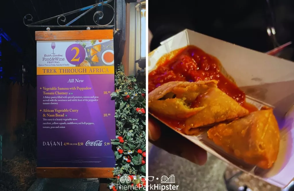 Busch Gardens Tampa Food and Wine Festival menu Vegetable Samosa with Peppadew Tomato Chutney at Trek through Africa