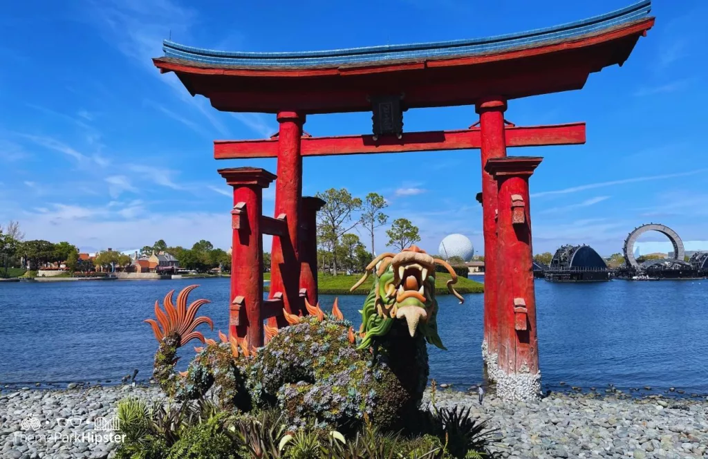 Epcot Japan Pavilion with Dragon Topiary. One of the best places to take photos at Disney World for Christmas.