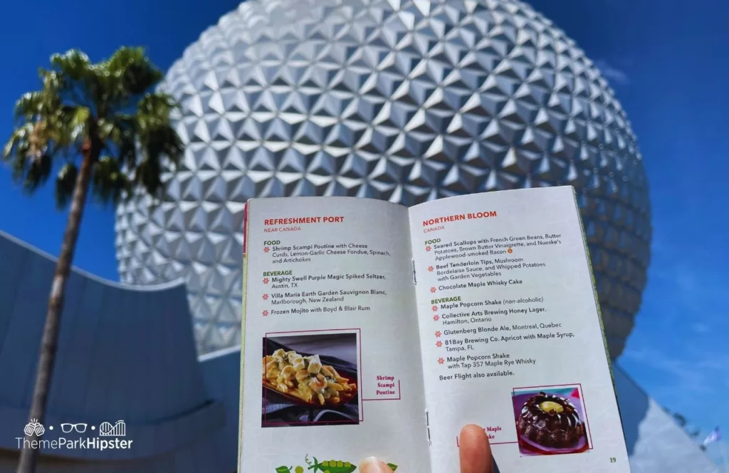 Epcot Flower and Garden Festival 2023 Menu in front of Spaceship Earth