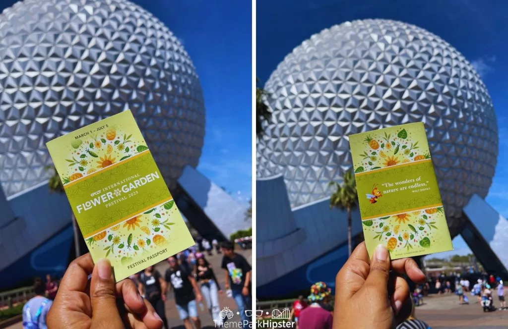 Epcot Flower and Garden Festival 2024 Menu Passport in front of Spaceship Earth 