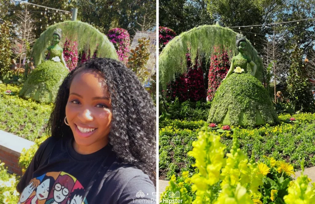 Epcot Flower and Garden Festival 2024 Princess Tiana Topiary in the American Pavilion with NikkyJ