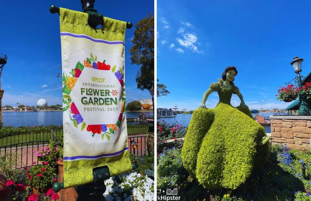 Epcot Flower and Garden Festival Welcome Sign next to Germany Pavilion Snow White and the Seven Dwarfs Topiary