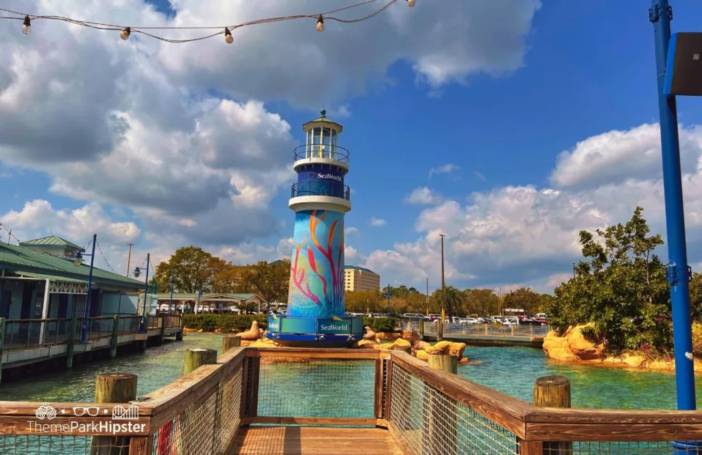 2024 SeaWorld Orlando Resort Lighthouse at Entrance during the Seven Seas Food Festival.