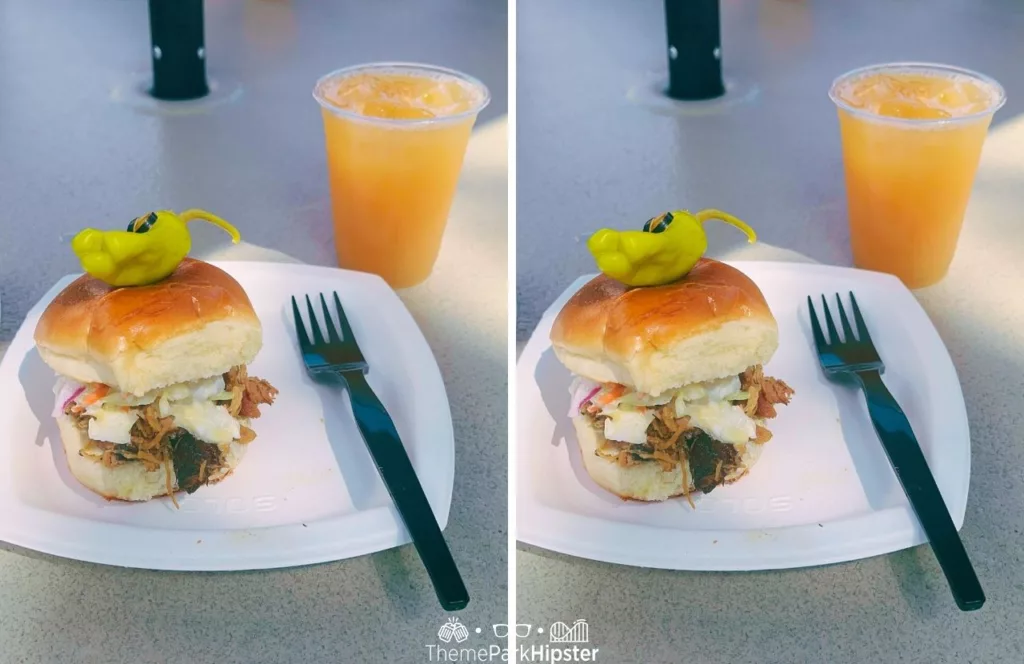 2024 SeaWorld Orlando Resort Seven Seas Food Festival Smoked Jerked Chicken Slider and Caribbean Sunset Cocktail