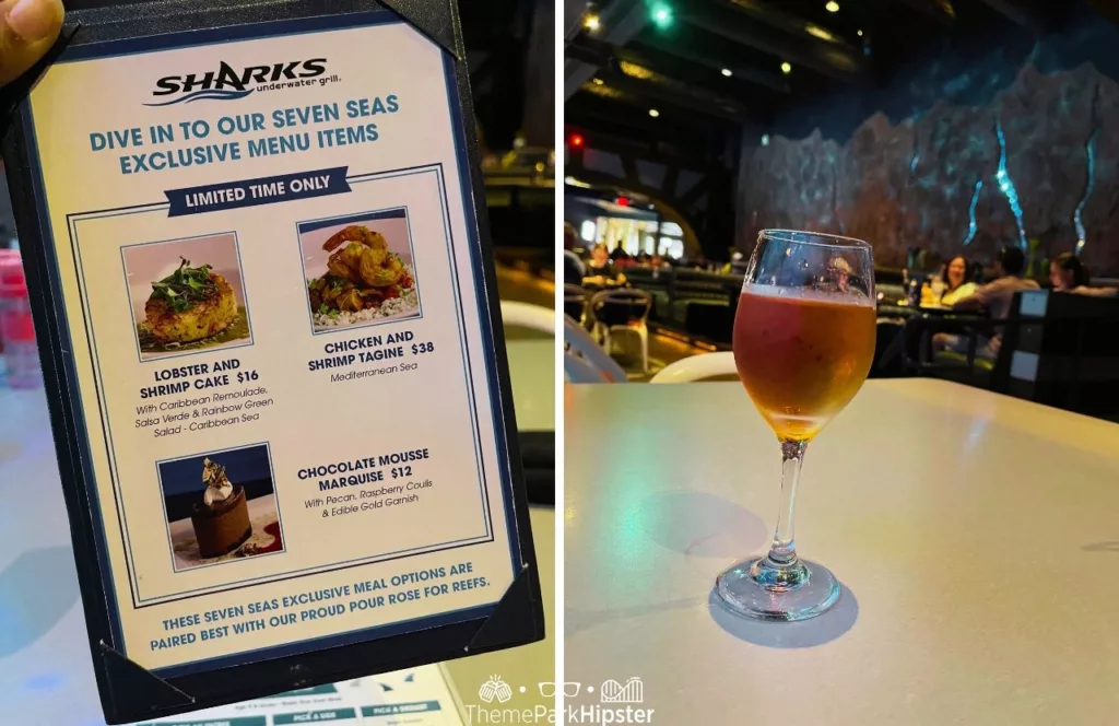 SeaWorld Orlando Resort Sharks Underwater Grill Seven Seas Food Festival Menu next to wine
