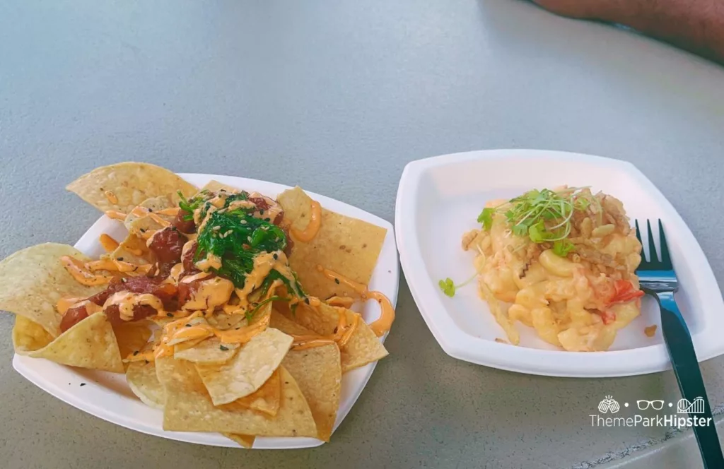 2024 SeaWorld Orlando Resort Tuna Poke Nachos and Mac and Cheese at Seven Seas Food Festival