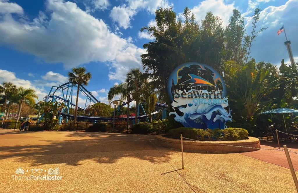 SeaWorld Orlando Resort logo sign next to Manta Roller Coaster. Keep reading for the best things to do at SeaWorld. 