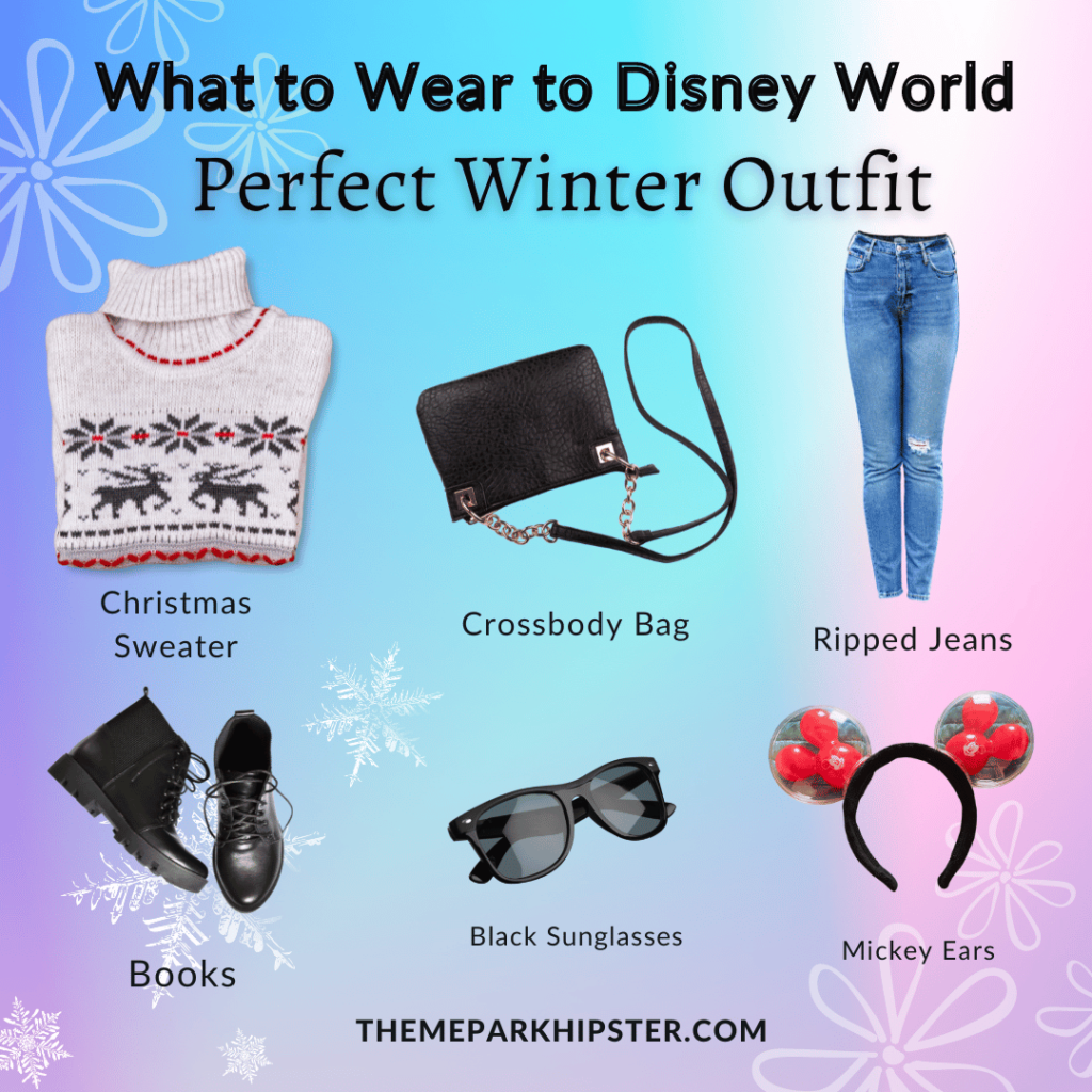 Main Disney Christmas Outfits Ugly Sweater with black crossbody bag, ripped jeans, black boots, black sunglasses, and Mickey Ears. Keep reading to know what to pack and what to wear to Disney World in December for your packing list.