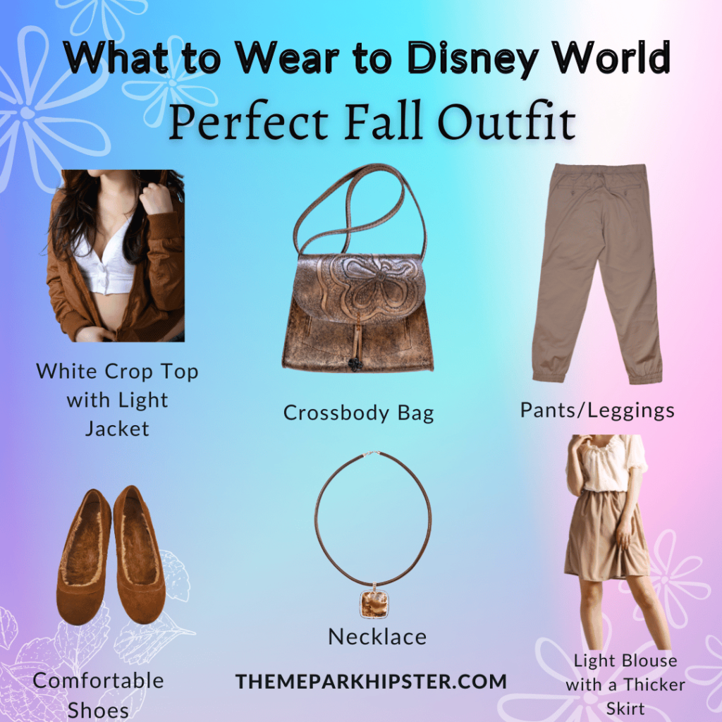 Main Disney Outfit What to Wear to Disney World in November with White Crop Top with light jacket, brown crossbody bag, tan pants, comfortable brown shows, necklace or light blouse with thicker skirt.