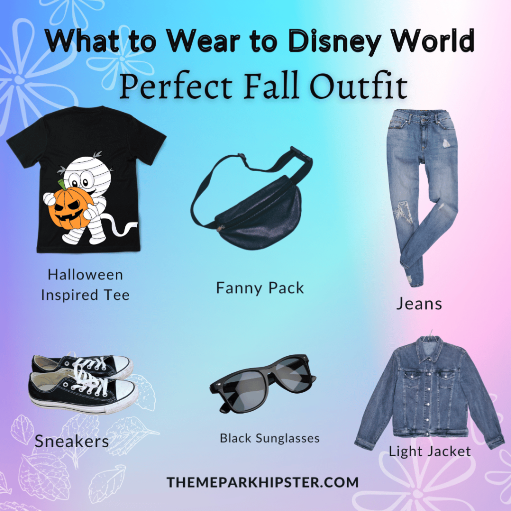 Main Disney Outfit What to Wear to Disney World in October Black Mummy Halloween Shirt, black fanny pack, jeans, sneakers, sunglasses, and light jean jacket. Keep reading to know what to pack and what to wear to Disney World in October for your packing list.