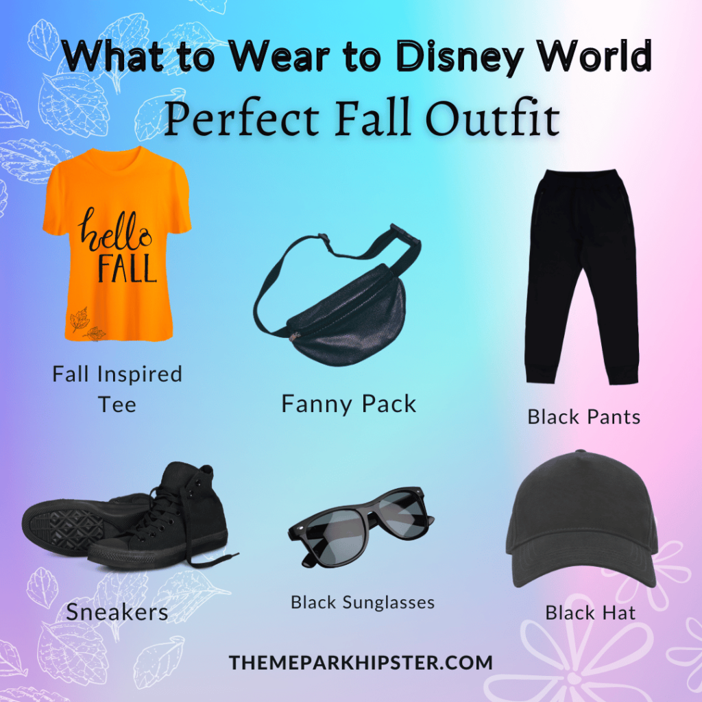 Main Disney Outfit What to Wear to Disney World in September. Orange shirt that says hello fall, black fanny pack, black pants, black shoes, sunglasses and hat. Keep reading to know what to pack and what to wear to Disney World in October for your packing list.