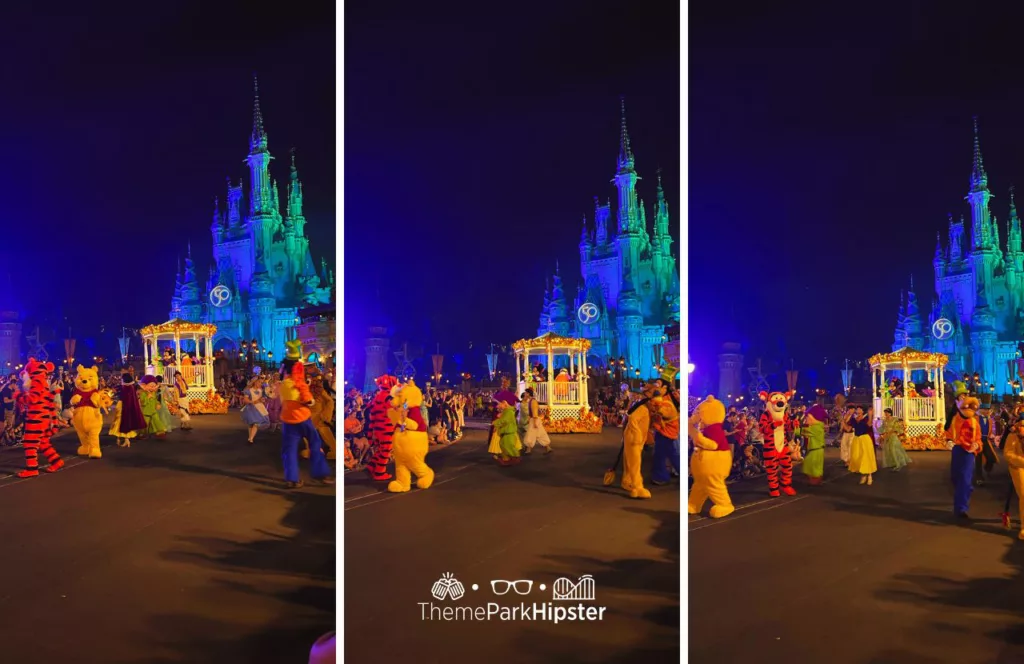 Cheap Mickey's Not So Scary Halloween Party tickets at Disney Magic Kingdom Theme Park Boo to You Halloween Parade in front of Cinderella Castle with Characters Winnie the Pooh, Goofy, Snow White, Aladdin, Alice