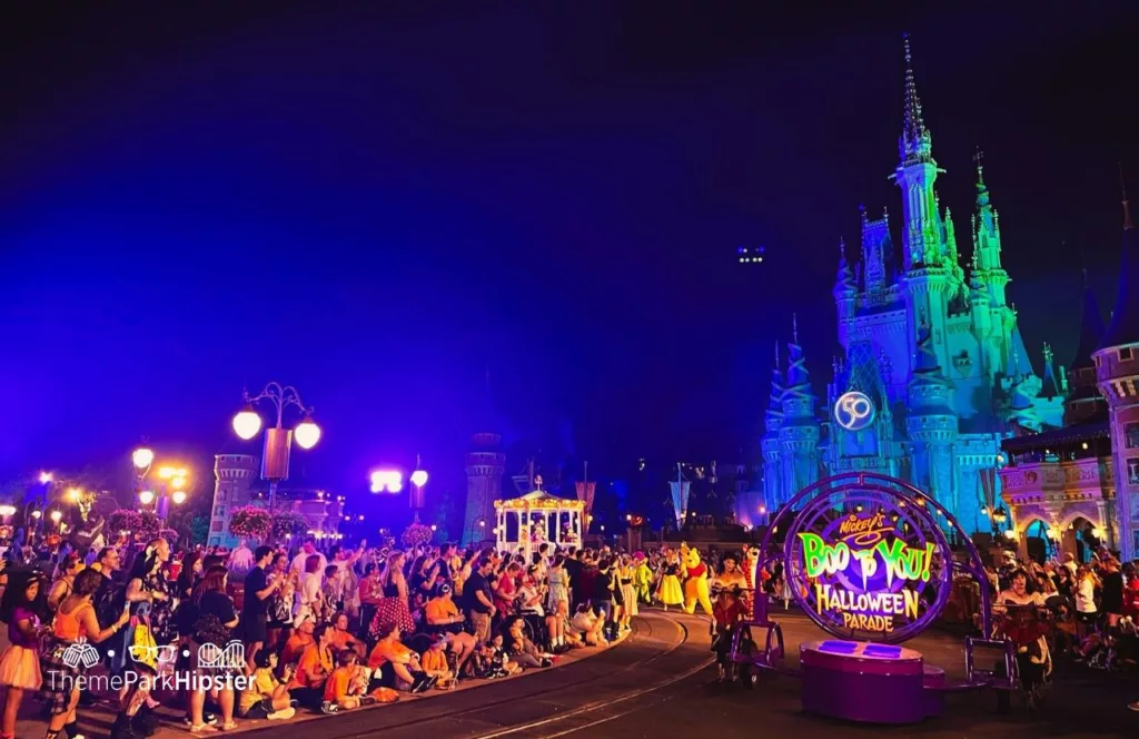 Cheap Mickey's Not So Scary Halloween Party tickets at Disney's Magic Kingdom Theme Park Boo to You Halloween Parade in front of Cinderella Castle