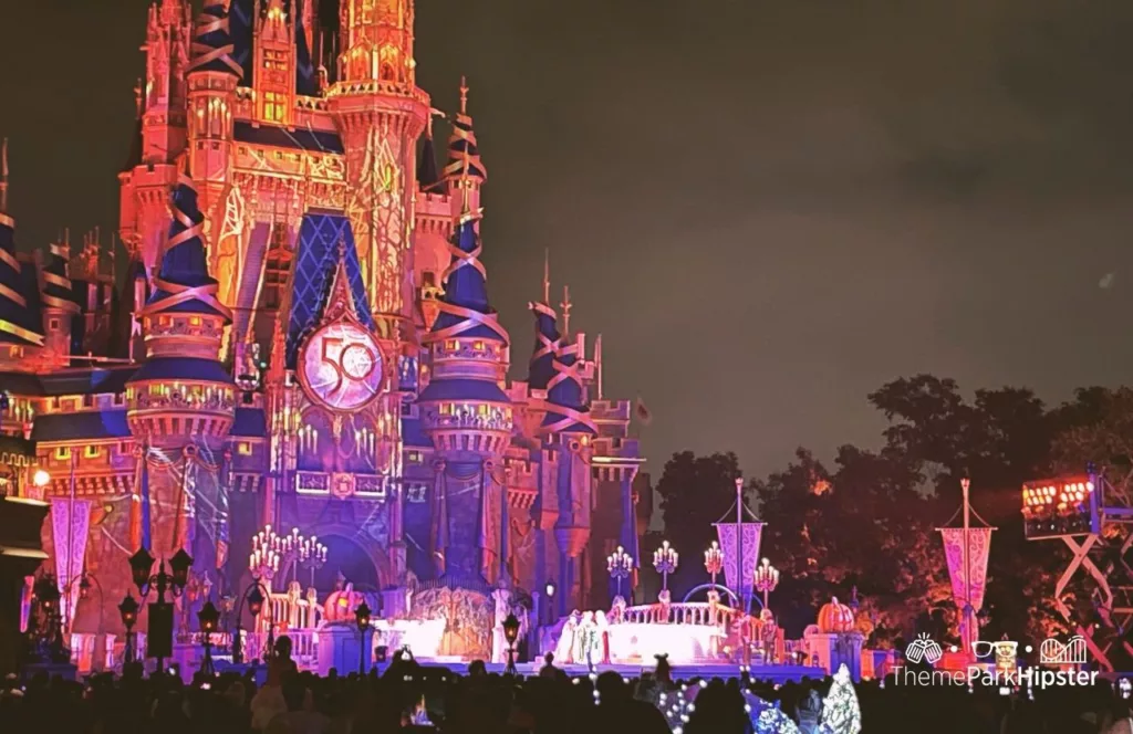 Discount Mickey's Not So Scary Halloween Party tickets at Disney's Magic Kingdom Theme Park Hocus Pocus Sanderson Sister show in front of Cinderella Castle 