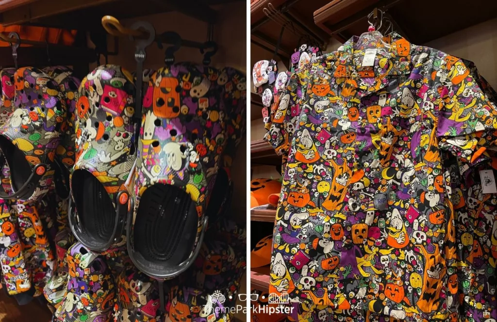 Mickey's Not So Scary Halloween Party at Disney's Magic Kingdom Theme Park Merchandise Crocs and Button Shirt. Keep reading to know what to pack and what to wear to Disney World in August for your packing list.