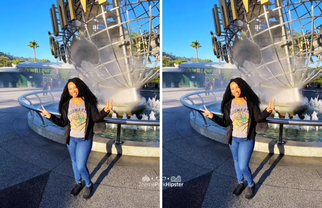 Universal Studios Hollywood NikkyJ in front of Famous Globe