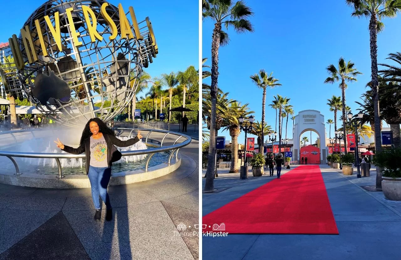 Universal Studios Hollywood NikkyJ in front of Famous Globe and Red Carpet Going alone on a Solo Theme Park Trip