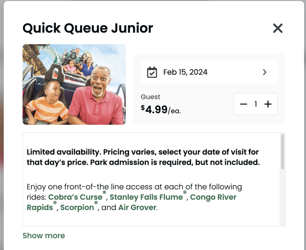 2024 Busch Gardens Tampa Quick Queue Junior
