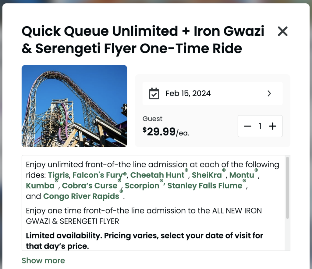 2024 Busch Gardens Tampa Quick Queue Unlimited with Iron Gwazi and Serengeti Flyer
