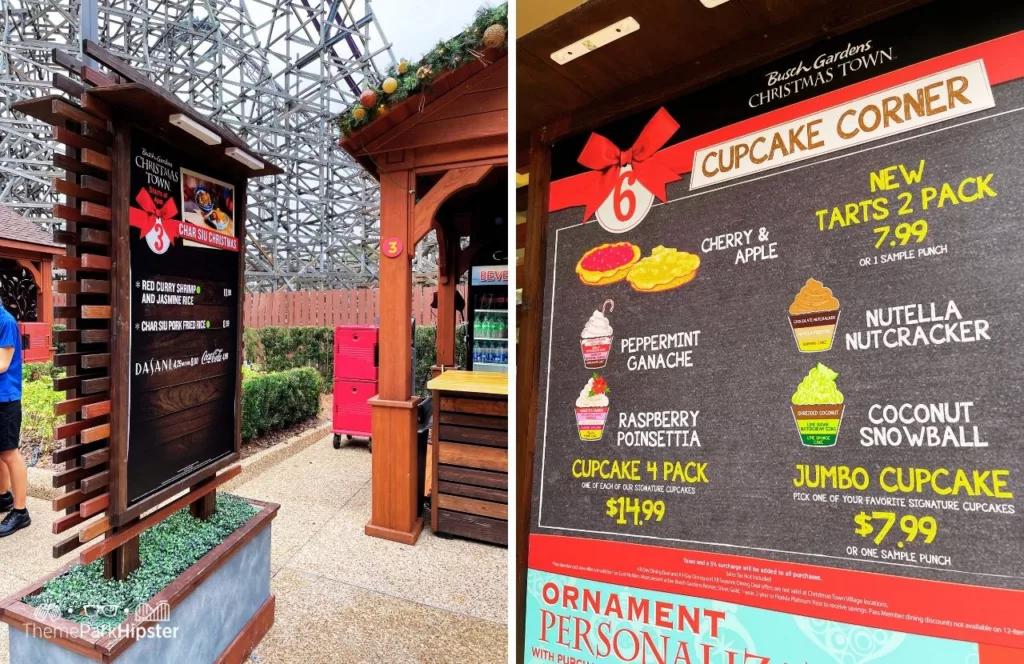 Busch Gardens Tampa Bay Christmas Town cupcake menu. One of the best things to do at Busch Gardens Tampa for adults.