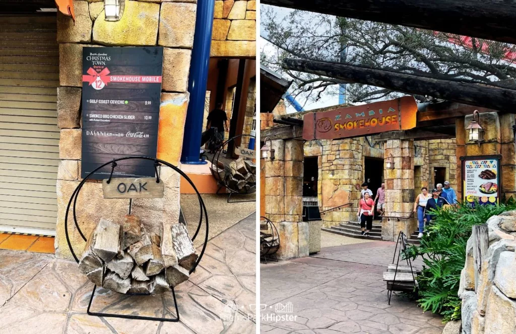 Busch Gardens Tampa Bay Zambia Smokehouse double photo of oak wood menu items out front and a photo of the entrance of Zambia Smokehouse with guests in the entranceway. Keep reading to find out more about the best things to eat at Busch Gardens Tampa.