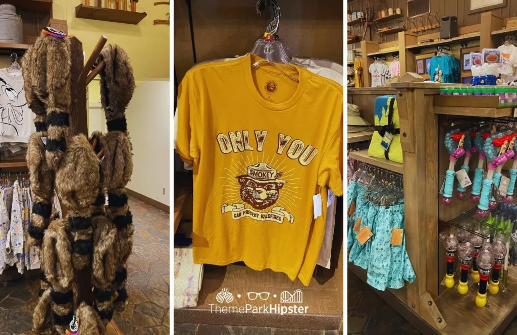 Disney Wilderness Lodge Resort Settlement Trading Post Store merchandise davey crocket hat and smokey the bear shirt