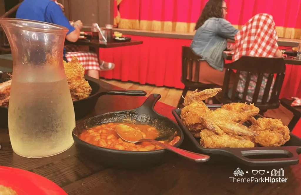 Disney Wilderness Lodge Resort White Sangria baked beans and fried chicken at Hoop Dee Doo Musical Revue for Thanksgiving Day 2023.