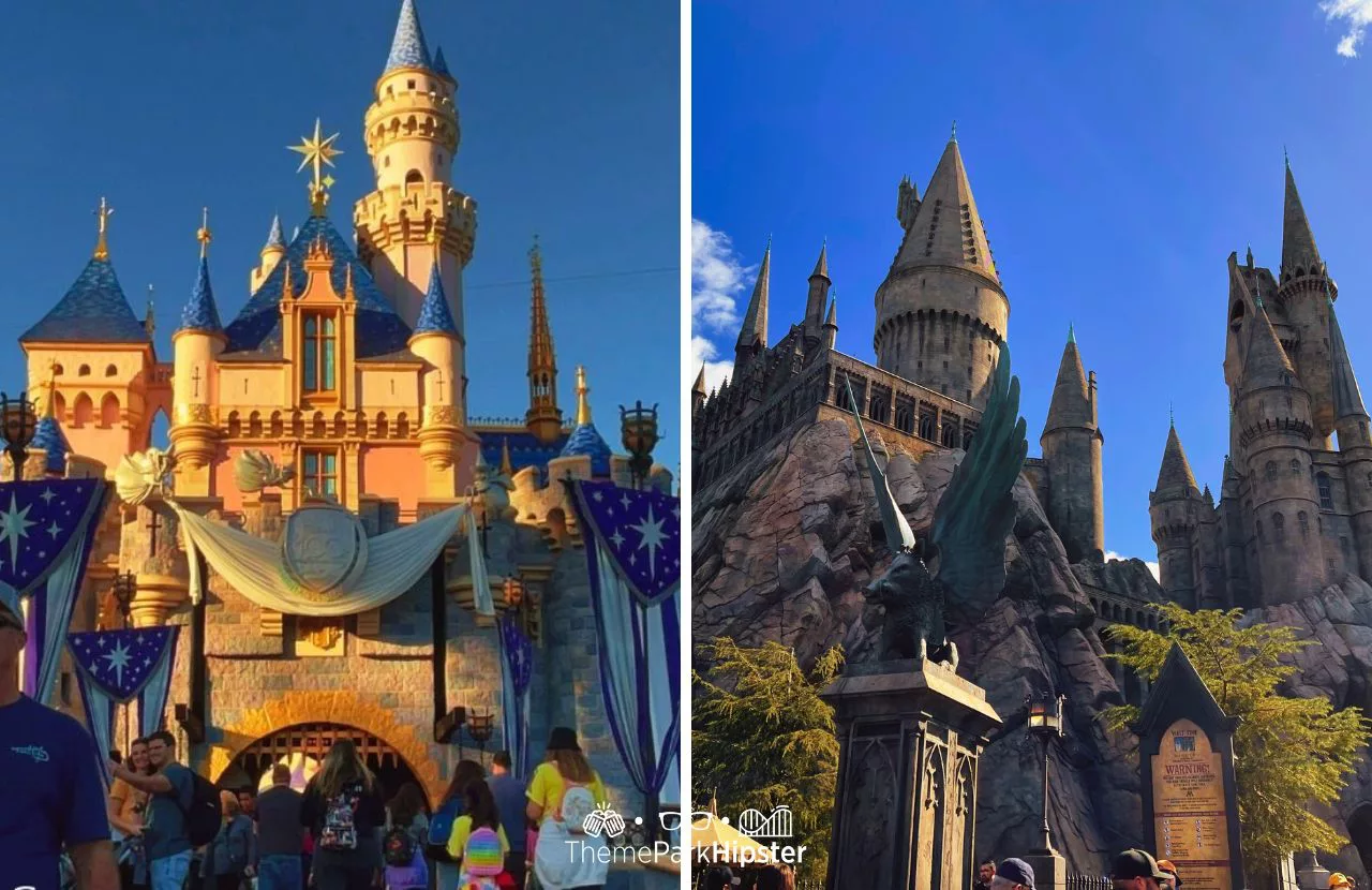 Disneyland vs Universal Studios Hollywood with Sleeping Beauty Castle and Hogwarts Castle