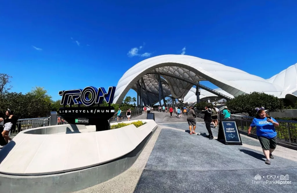 Tron Lightcycle Run at the Magic Kingdom in Walt Disney World Resort Florida Tomorrowland entrance. One of the BEST Disney World Rides for Adults