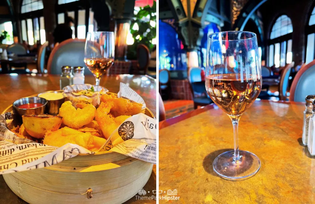 Universal Orlando Resort Lombard Seafood at Universal Studios Seafood Platter with Wine. Keep reading to get the best Universal Studios packing list and what to pack for Universal Orlando Resort.