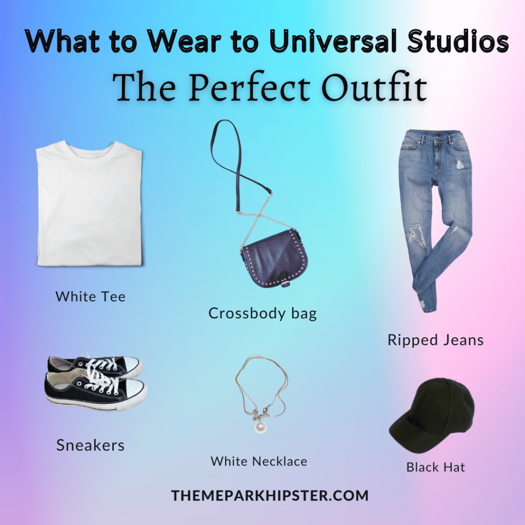 What to Wear to Universal Studios outfit suggestions with a white tee, crossbody bag, ripped jeans, sneakers, white necklace and ball cap. Keep reading if you want to learn more about Universal Studios outfit ideas. 