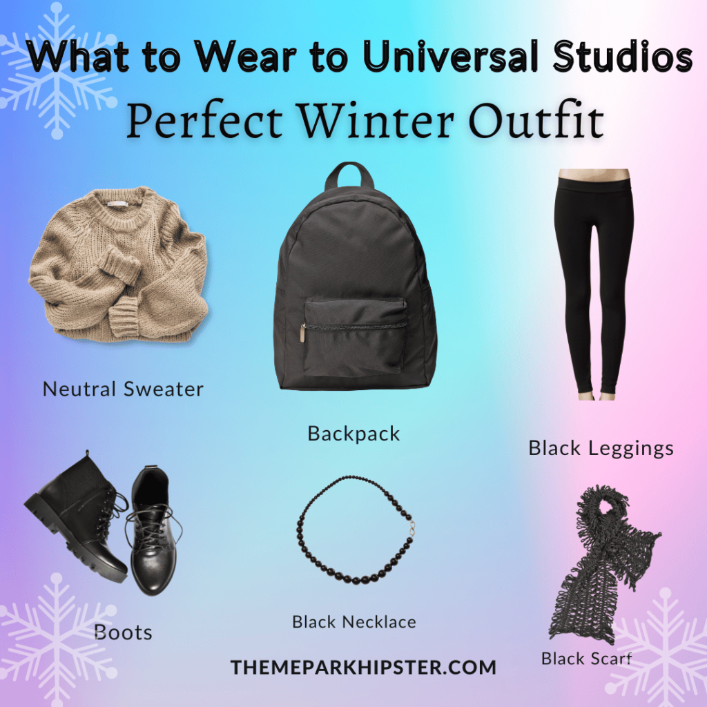 What to Wear to Universal Studios brown sweater, black backpack, black leggings, boots, necklace and scarf. Keep reading to discover Universal Studios outfit ideas. 