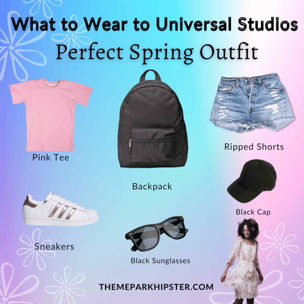 What to Wear to Universal Studios spring outfit with pink shirt, black backpack, jean shorts, sneakers, black sunglasses, and sun dress. Keep reading to get the best Universal Studios packing list and what to pack for Universal Orlando Resort.