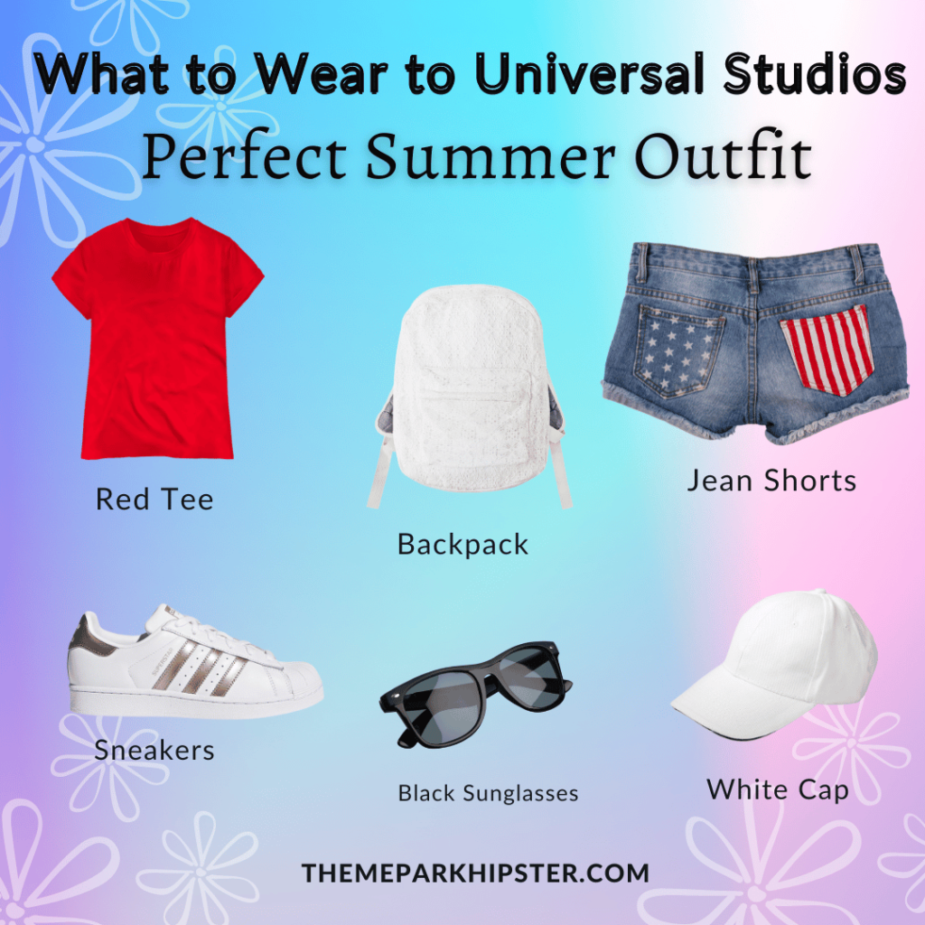 What to Wear to Universal Studios red shirt, white backpack, jean shorts, sneakers, black sunglasses, white cap.