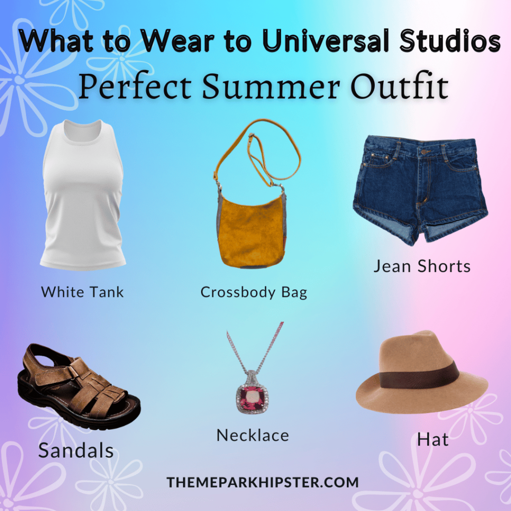 What to Wear to Universal Studios with white tank, brown crossbody bag, jean shorts, sandals, necklace and brown hat. Keep reading to learn more about what to pack for Universal Studios Florida.