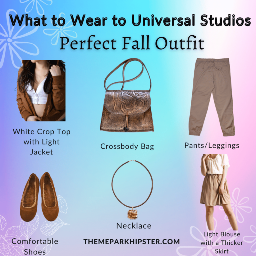 What to Wear to Universal Studios fall outfit white crop shirt with brown jacket, brown crossbody bad, pants, shoes, necklace and skirt. Keep reading to discover what to wear to Universal Studios Florida.