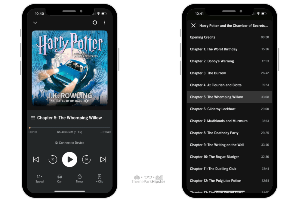 Harry Potter and the Chamber of Secrets book on audible. One of the best audiobooks for solo road trips