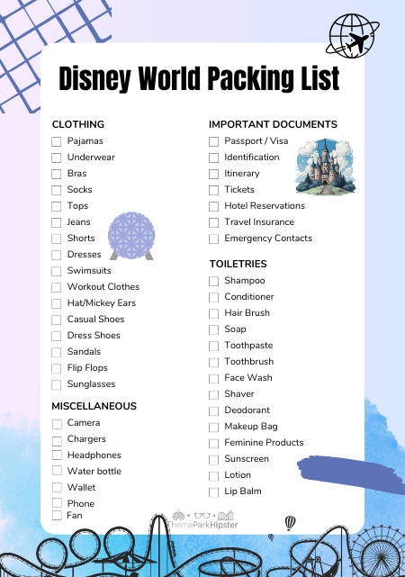 Disney World Packing List for adults Printable PDF