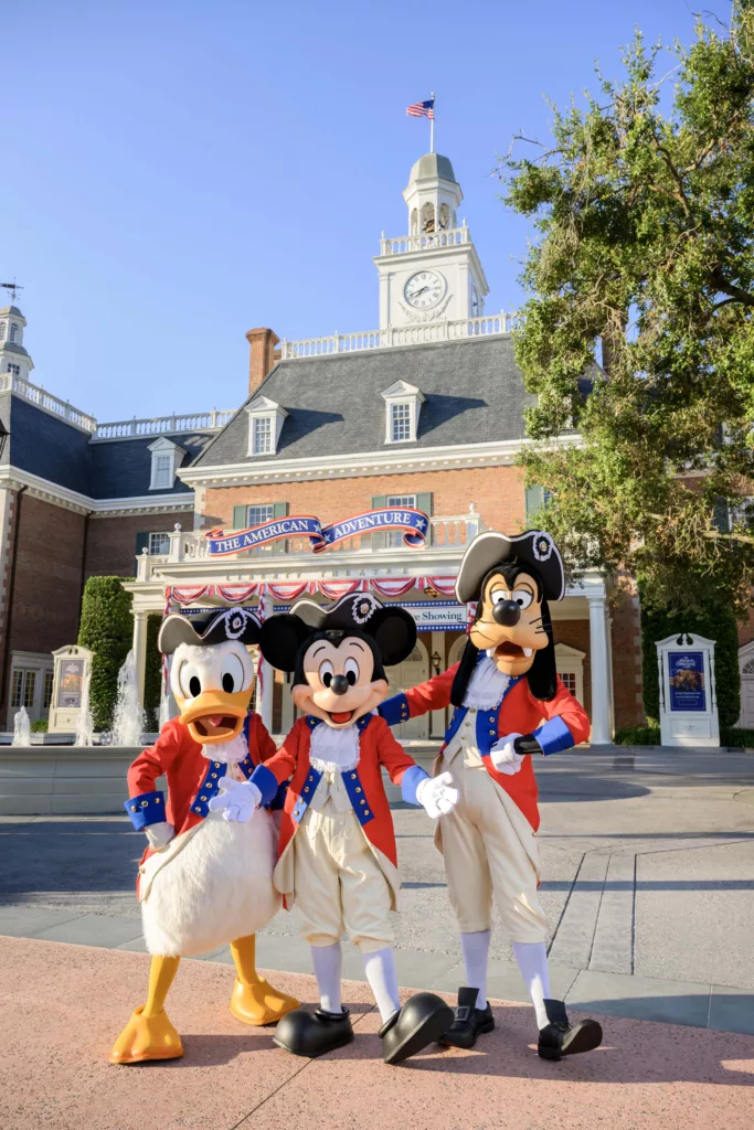 Donald Duck, Mickey Mouse and Goofy Dress in their Patriotic Best for the 4th of July at Disney World.