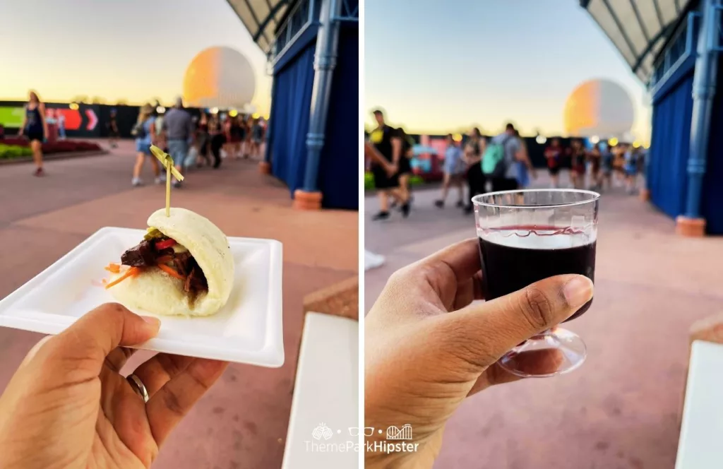 Epcot Food and Wine Festival at Disney World Bao Bun and Red Wine. Keep reading to get the best things to do at Epcot Food and Wine Festival.