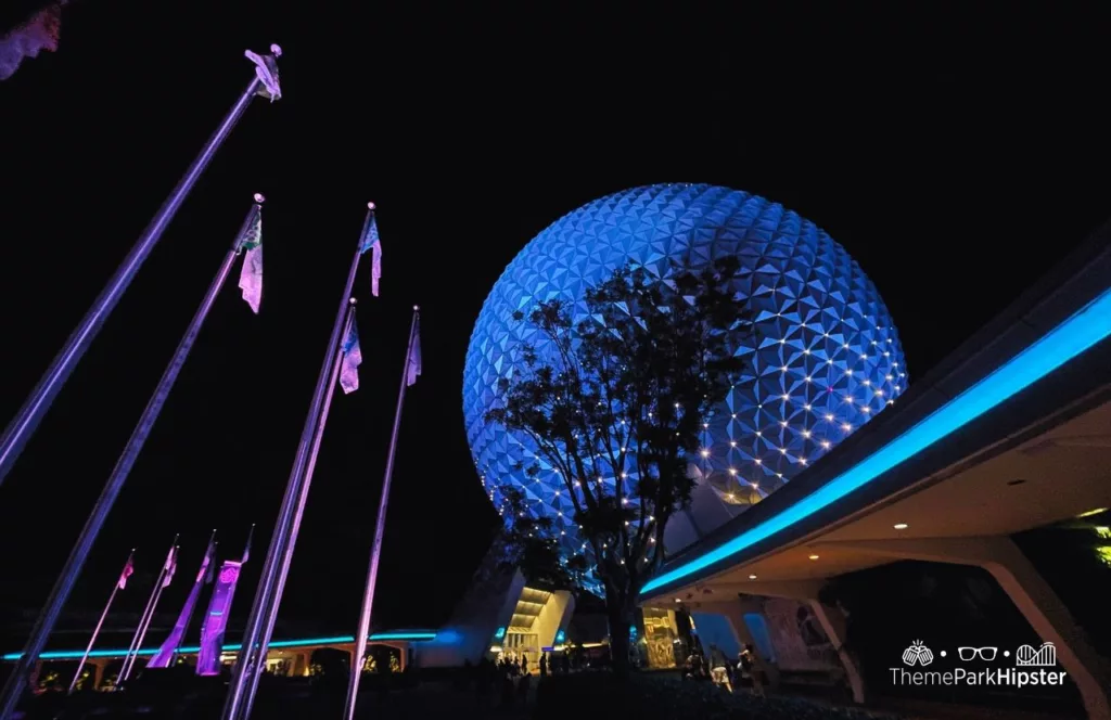 Epcot Spaceship Earth Globe at Night in Disney World. Keep reading to discover more of the best things to do at Disney World for solo travelers.