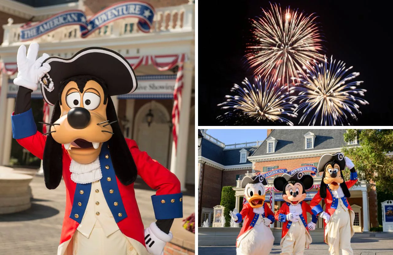 Travel Guide and Tips to Disney World for the Fourth of July with Goofy Donald and Mickey in Patriotic Outfits